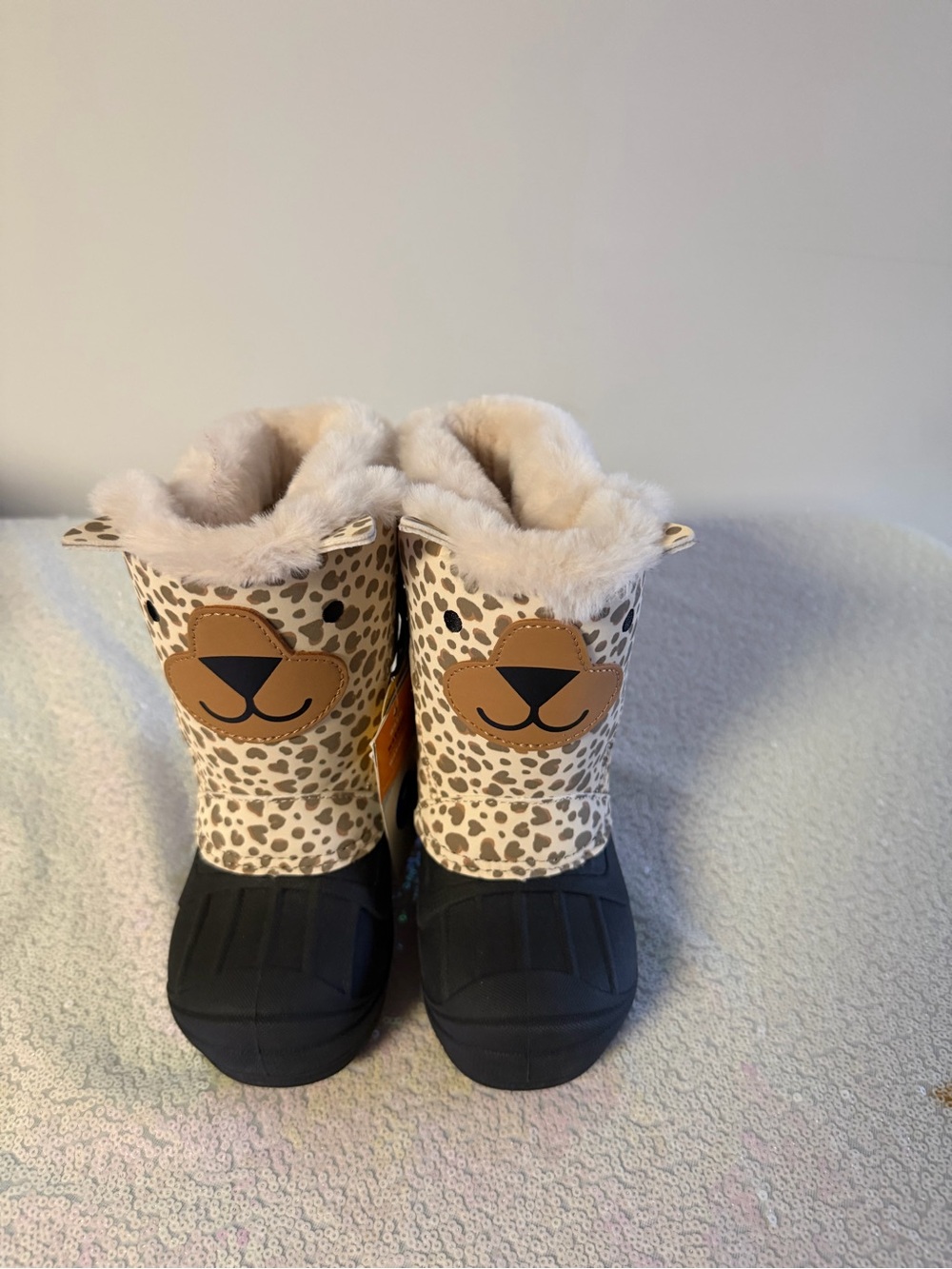 Cat & Jack Leopard Print Faux Fur Kids Boots - Beige, Black